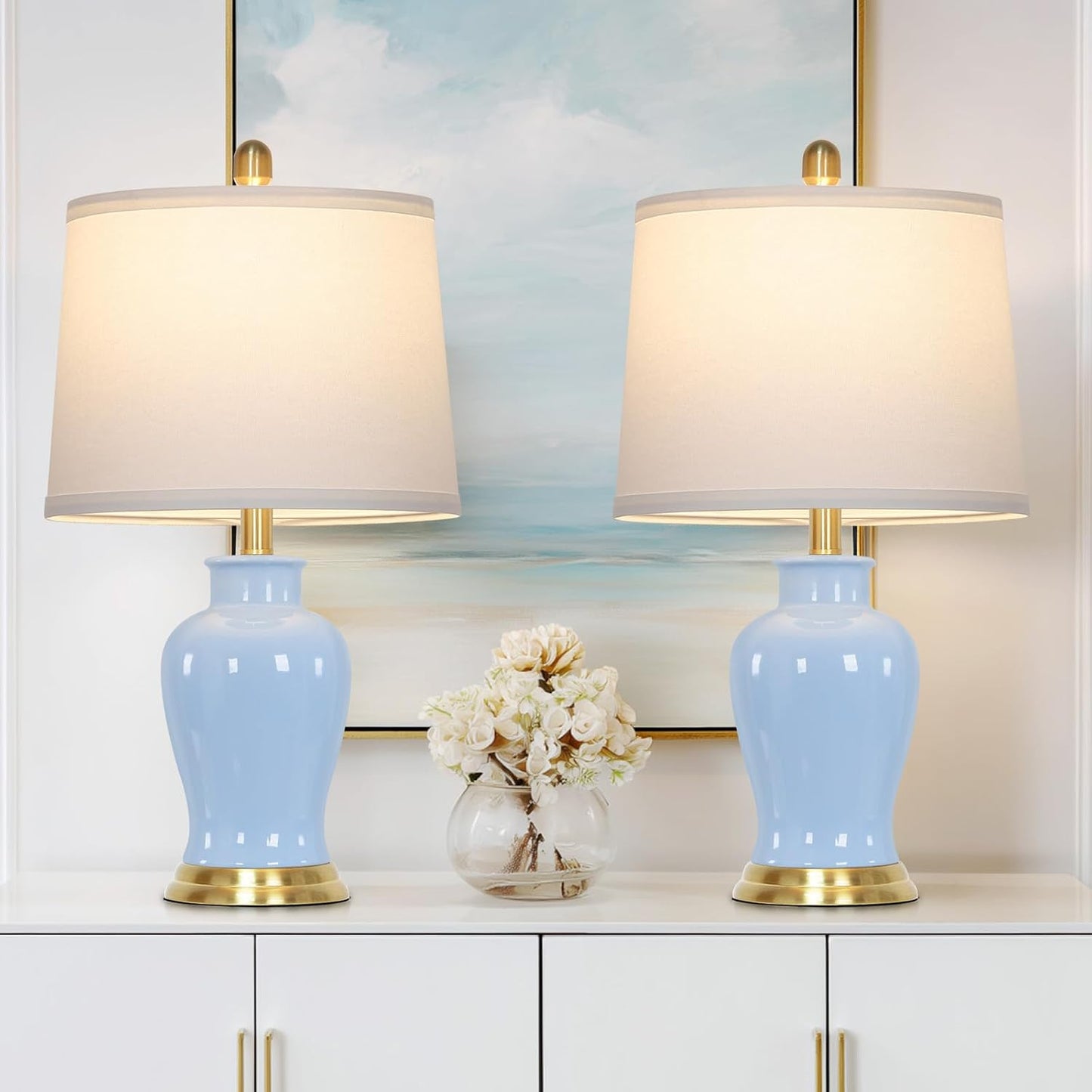Blue Ceramic Table Lamps Set of 2 – Gold Accent Coastal Bedside Lamps