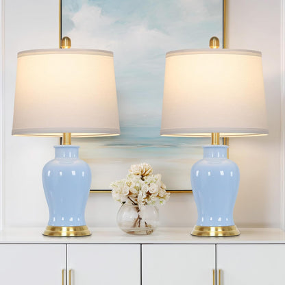 Blue Ceramic Table Lamps Set of 2 – Gold Accent Coastal Bedside Lamps