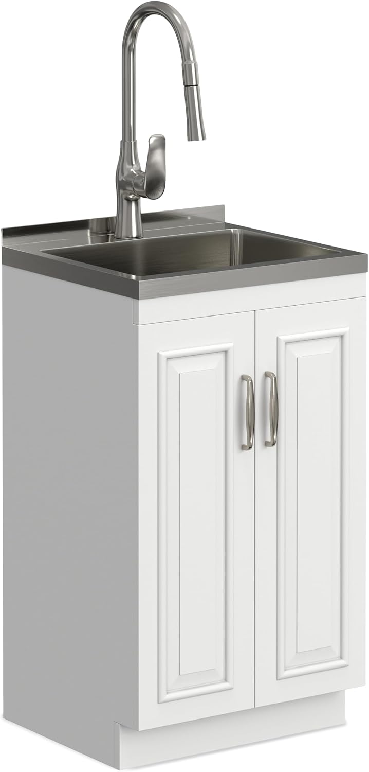 Modern White Laundry Utility Cabinet with Sink – Shaker-Style Storage Station