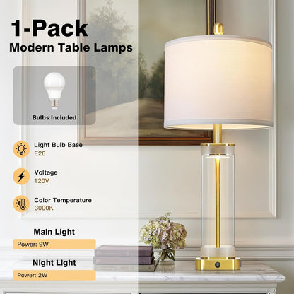 Elegant Gold Glass Table Lamp with USB-A + USB-C Charging – Dual Lighting Bedside Lamp