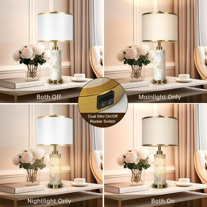 Alabaster Marble Table Lamps Set of 2 – Gold Accent Bedside Lamps with USB Charging & Night Light