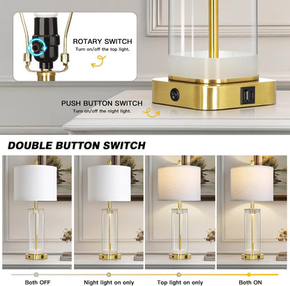 Elegant Gold Glass Table Lamp with USB-A + USB-C Charging – Dual Lighting Bedside Lamp
