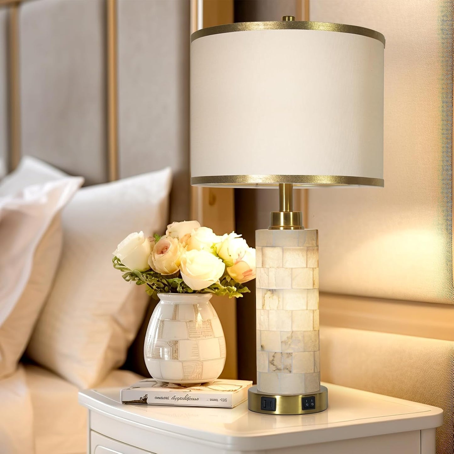 Alabaster Marble Table Lamps Set of 2 – Gold Accent Bedside Lamps with USB Charging & Night Light
