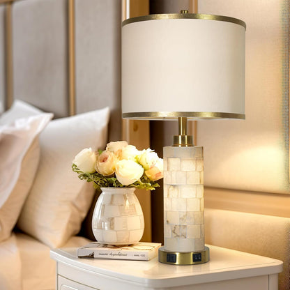 Alabaster Marble Table Lamps Set of 2 – Gold Accent Bedside Lamps with USB Charging & Night Light
