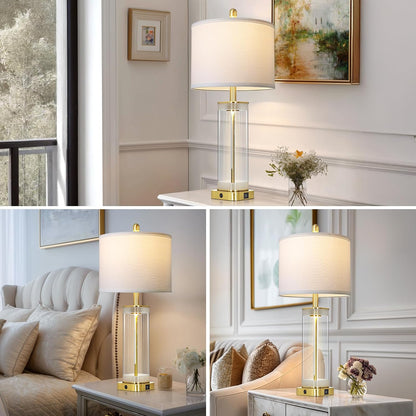 Elegant Gold Glass Table Lamp with USB-A + USB-C Charging – Dual Lighting Bedside Lamp
