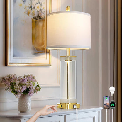 Elegant Gold Glass Table Lamp with USB-A + USB-C Charging – Dual Lighting Bedside Lamp