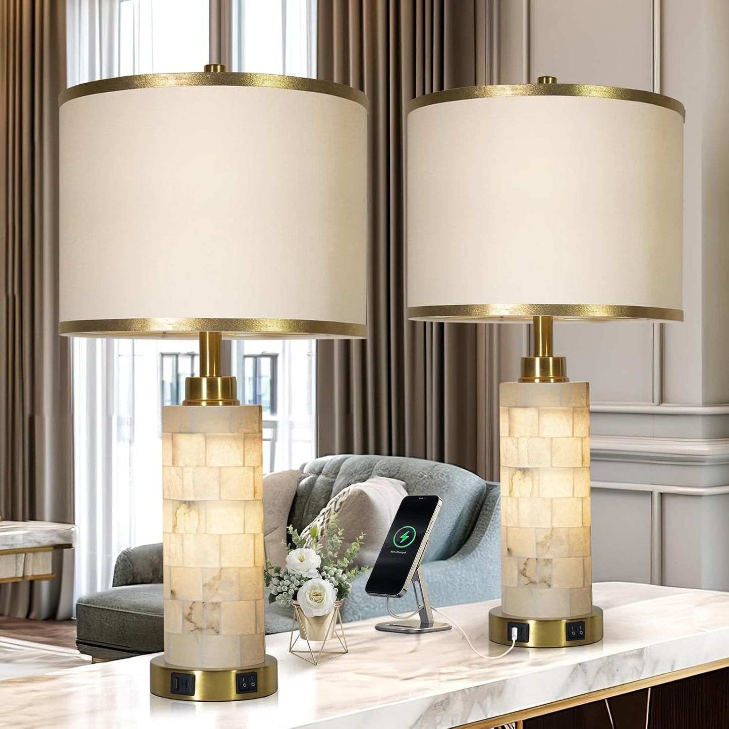Alabaster Marble Table Lamps Set of 2 – Gold Accent Bedside Lamps with USB Charging & Night Light