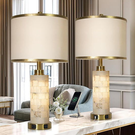 Alabaster Marble Table Lamps Set of 2 – Gold Accent Bedside Lamps with USB Charging & Night Light