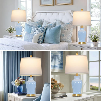 Blue Ceramic Table Lamps Set of 2 – Gold Accent Coastal Bedside Lamps