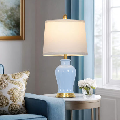 Blue Ceramic Table Lamps Set of 2 – Gold Accent Coastal Bedside Lamps