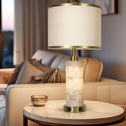 Alabaster Marble Table Lamps Set of 2 – Gold Accent Bedside Lamps with USB Charging & Night Light