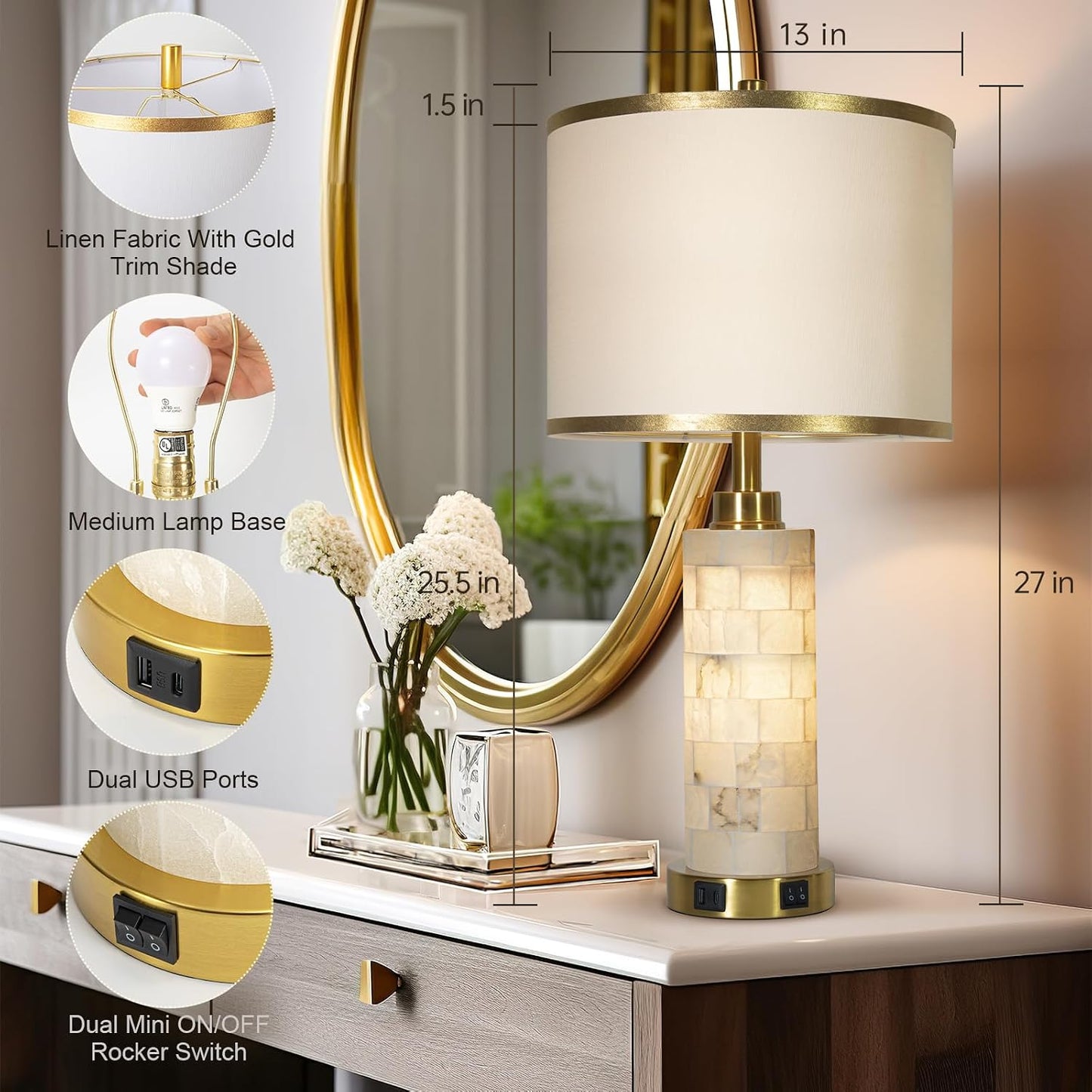 Alabaster Marble Table Lamps Set of 2 – Gold Accent Bedside Lamps with USB Charging & Night Light