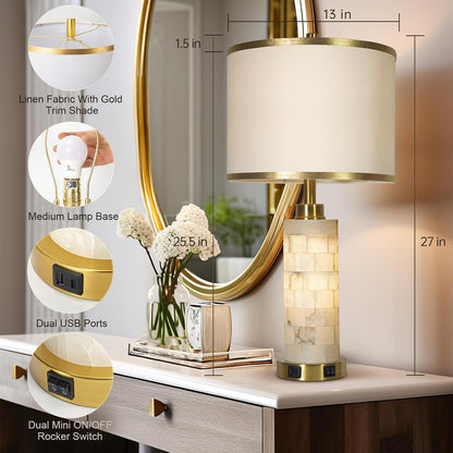 Alabaster Marble Table Lamps Set of 2 – Gold Accent Bedside Lamps with USB Charging & Night Light