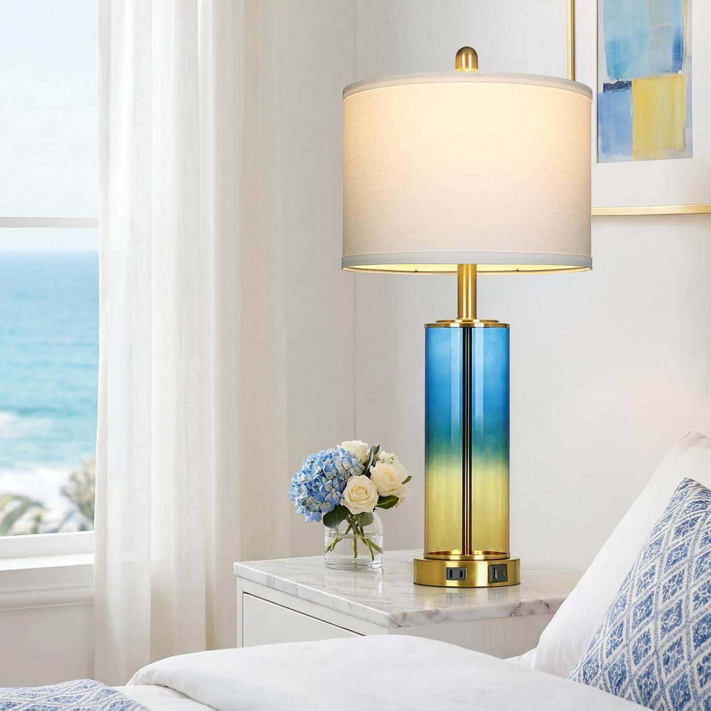 Coastal Dimmable Table Lamp – Nautical Accent Light with Linen Shade