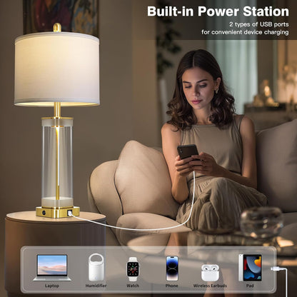 Elegant Gold Glass Table Lamp with USB-A + USB-C Charging – Dual Lighting Bedside Lamp