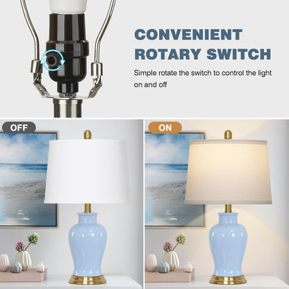 Blue Ceramic Table Lamps Set of 2 – Gold Accent Coastal Bedside Lamps