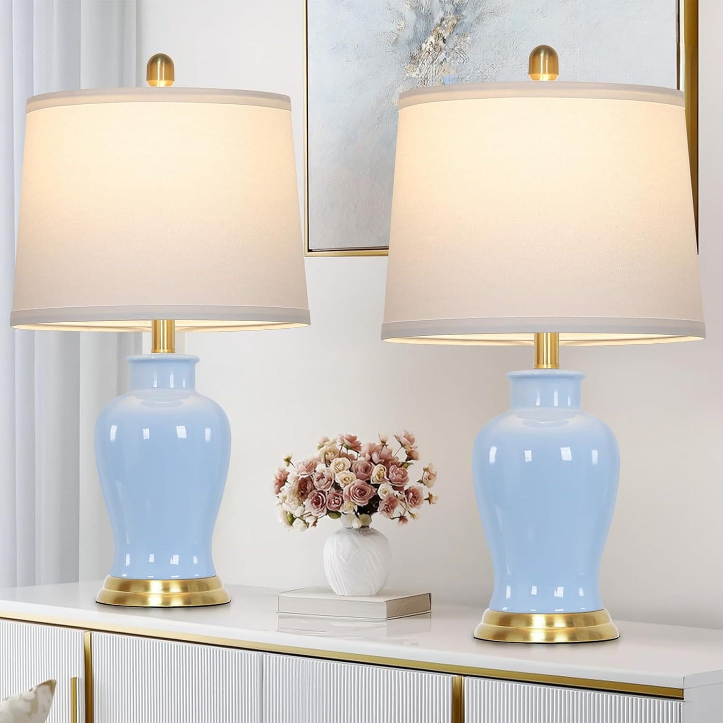 Blue Ceramic Table Lamps Set of 2 – Gold Accent Coastal Bedside Lamps