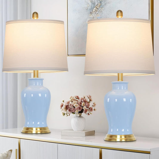 Blue Ceramic Table Lamps Set of 2 – Gold Accent Coastal Bedside Lamps