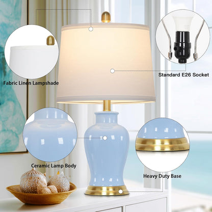 Blue Ceramic Table Lamps Set of 2 – Gold Accent Coastal Bedside Lamps