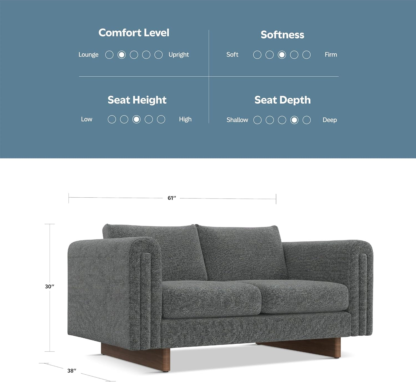 Mid-Century Modern 2-Seater Sofa – Mist Grey Woven-Blend Fabric Loveseat