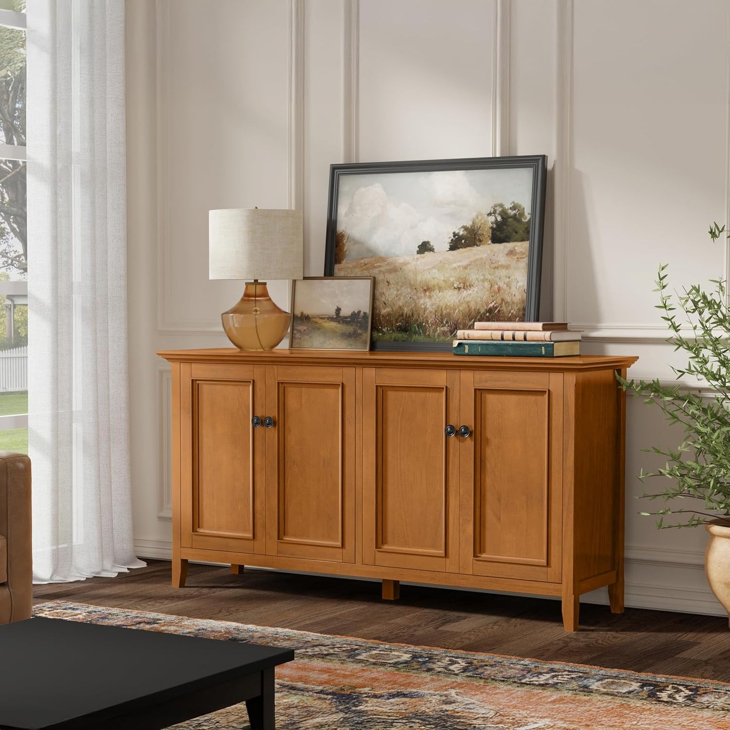 Modern 4-Door Storage Cabinet – Solid Wood Buffet & Sideboard with Adjustable Shelves