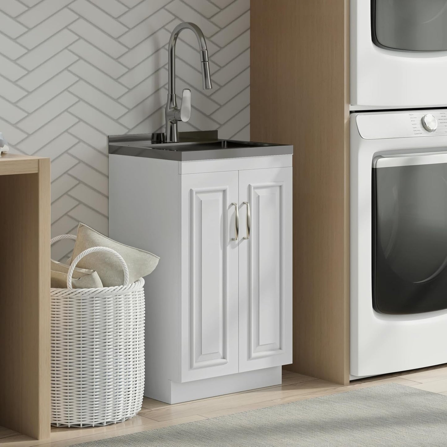 Modern White Laundry Utility Cabinet with Sink – Shaker-Style Storage Station