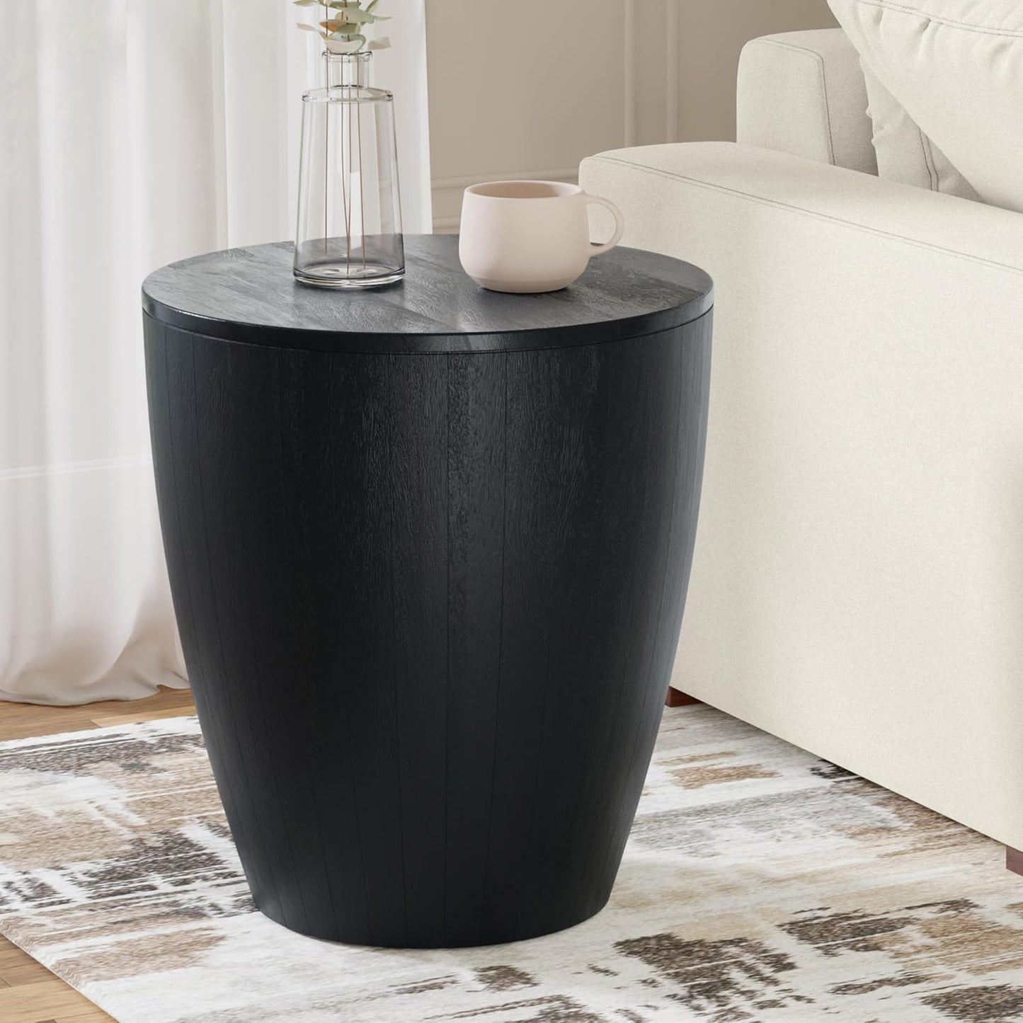 Modern Drum End Table – Solid Mango Wood Accent Table with Vertical Panel Design