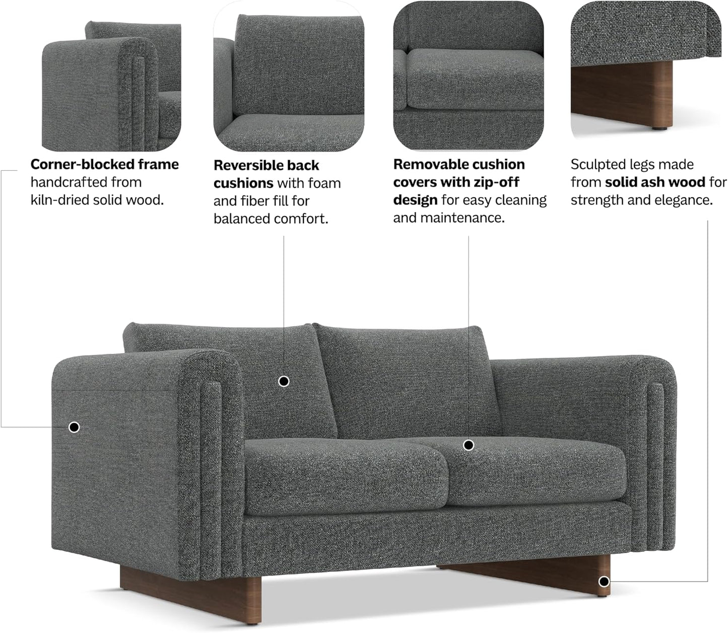 Mid-Century Modern 2-Seater Sofa – Mist Grey Woven-Blend Fabric Loveseat
