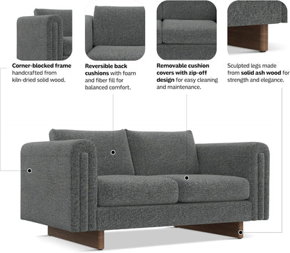 Mid-Century Modern 2-Seater Sofa – Mist Grey Woven-Blend Fabric Loveseat