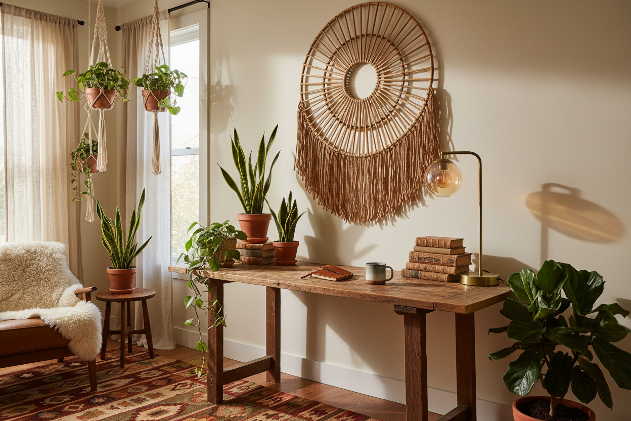 Rattan wall hanging in a bohemian home office above a wooden desk