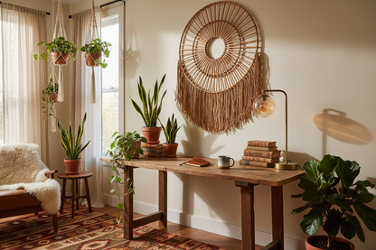 Rattan wall hanging in a bohemian home office above a wooden desk