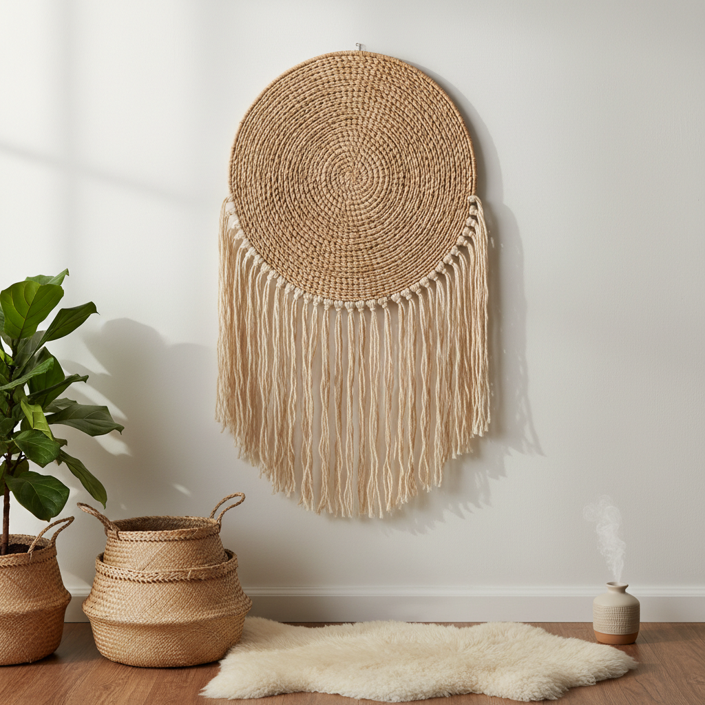 Handwoven rattan wall hanging with fringe tassels on a white wall
