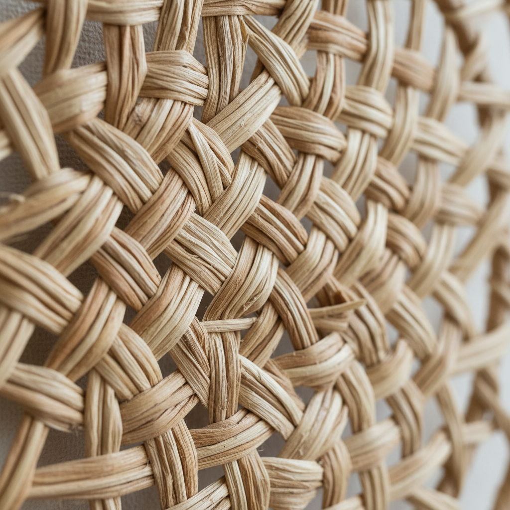 Close-up of intricate rattan weaving pattern and natural fiber texture