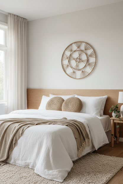 Rattan wall hanging above a bed in a minimalist Scandinavian bedroom