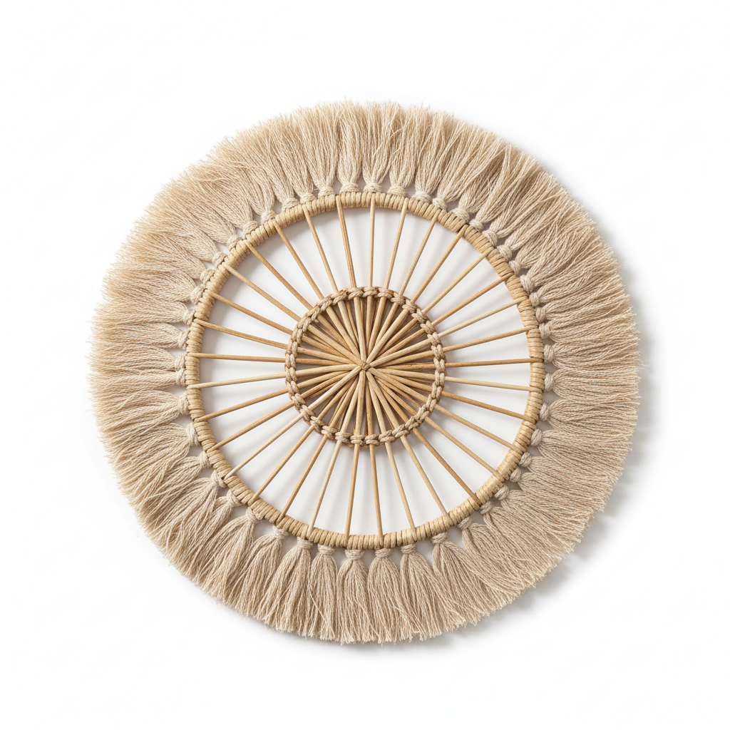 Rattan wall hanging flat lay on white background, studio product shot