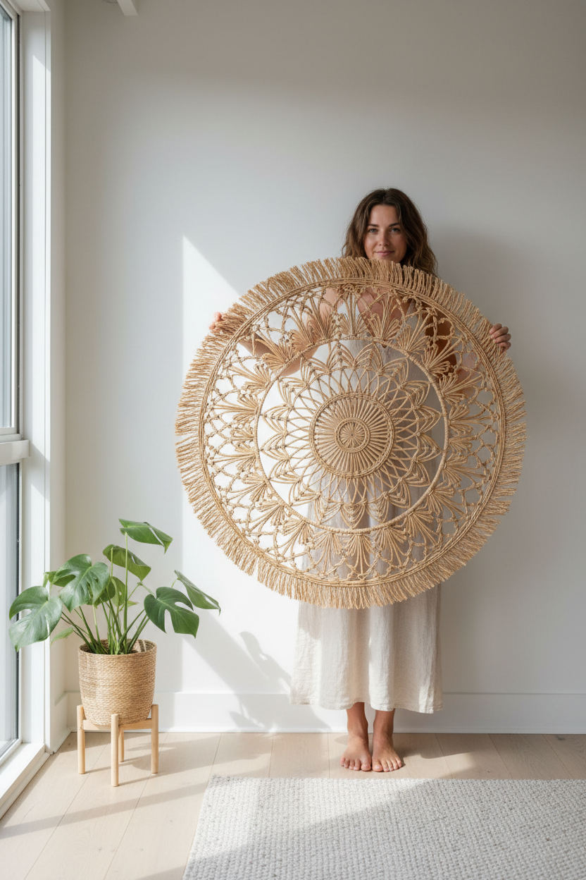 Person holding rattan wall hanging against a white wall to show scale