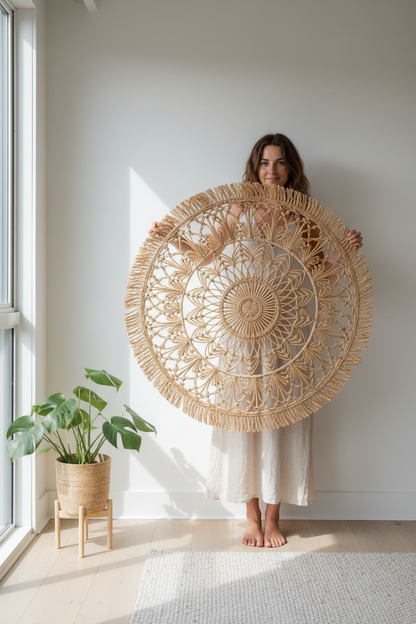 Person holding rattan wall hanging against a white wall to show scale