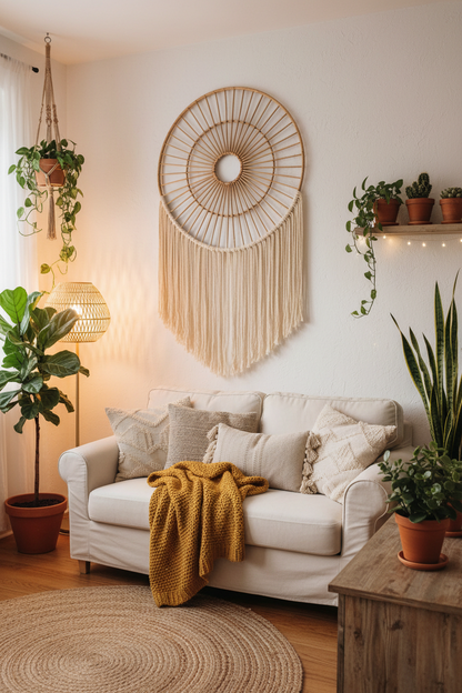 Rattan wall hanging displayed above a sofa in a cozy boho living room